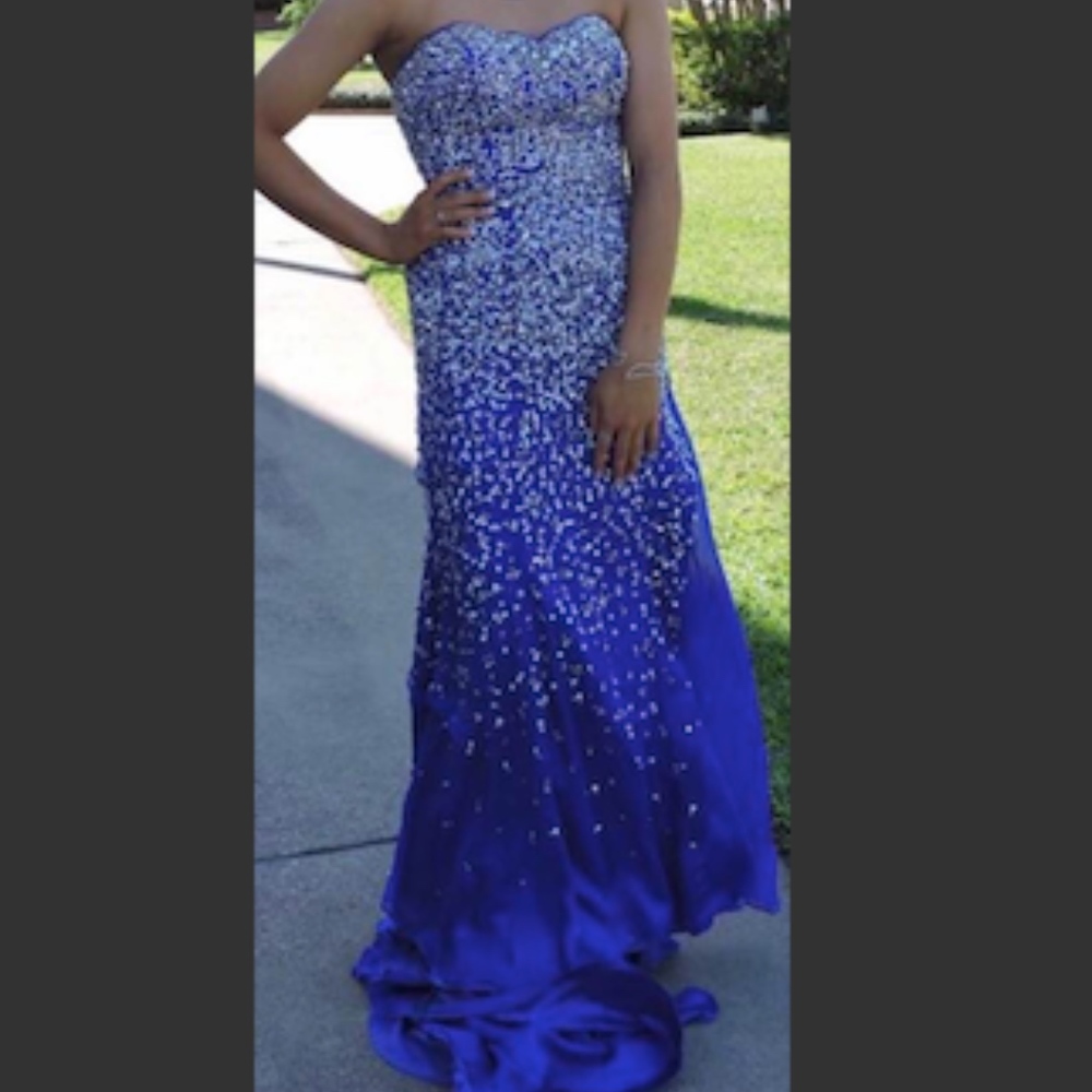 Strapless blue beaded gown